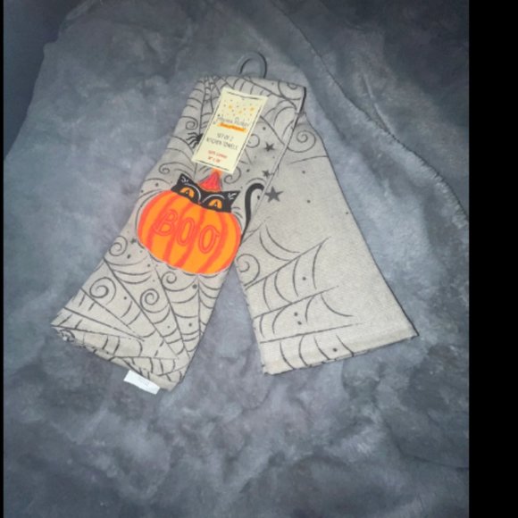 Johanna Parker Halloween Kitchen Towels set 2 Black cat and Boo pumpkin NWT - Picture 4 of 5